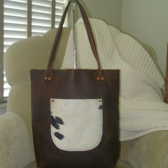 Auth. HAWKS & DOVES Genuine Full Grain Leather & Genuine Cowhide Fur Tote Bag - Picture 1 of 7